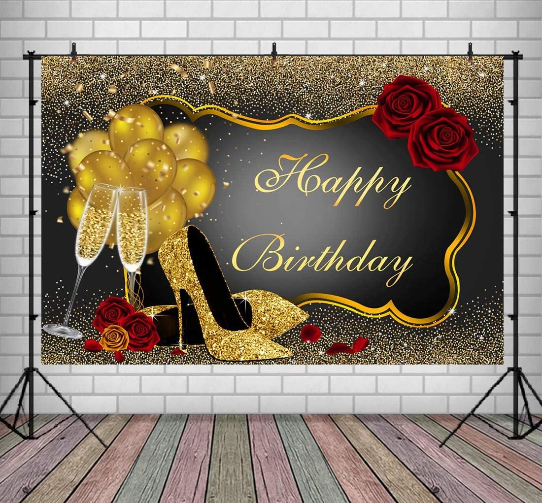 Happy Birthday Backdrop Glitter Gold Red Rose Floral Golden Balloons Heels Champagne Glass Background - Decotree.co Online Shop