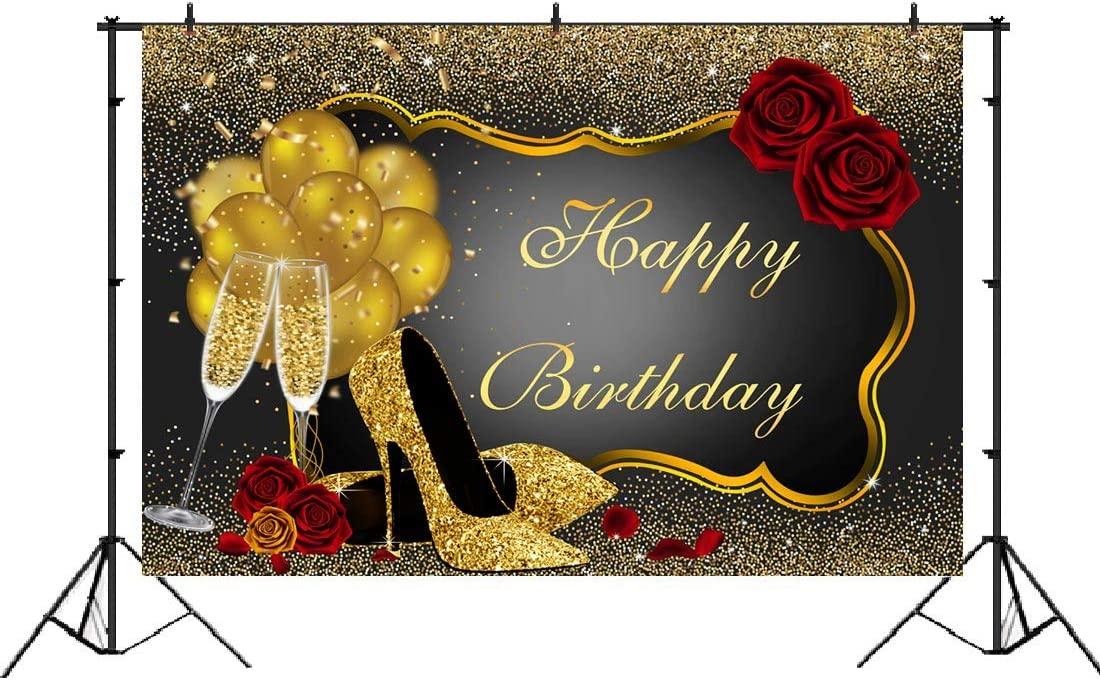Happy Birthday Backdrop Glitter Gold Red Rose Floral Golden Balloons Heels Champagne Glass Background - Decotree.co Online Shop