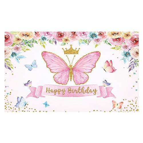 Happy Birthday Butterfly Party Backdrop Purple Baby Girls Princess Pink Rose Floral Gold Photography Background - Decotree.co Online Shop