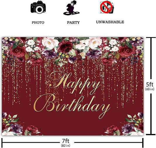 Happy Birthday Party Backdrop Burgundy Red Flowers Golden Glitter Floral Photography Background - Decotree.co Online Shop