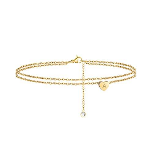 Heart Initial Anklet Bracelet for Women, 14K Gold Filled Layered Ankle Bracelet Summer - Decotree.co Online Shop