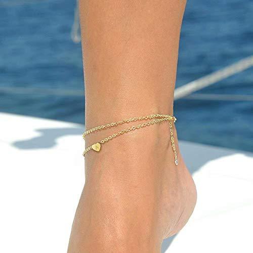Heart Initial Anklet Bracelet for Women, 14K Gold Filled Layered Ankle Bracelet Summer - Decotree.co Online Shop
