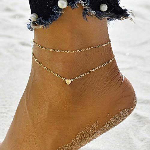 Heart Initial Anklet Bracelet for Women, 14K Gold Filled Layered Ankle Bracelet Summer - Decotree.co Online Shop