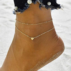 Heart Initial Anklet Bracelet for Women, 14K Gold Filled Layered Ankle Bracelet Summer - Decotree.co Online Shop