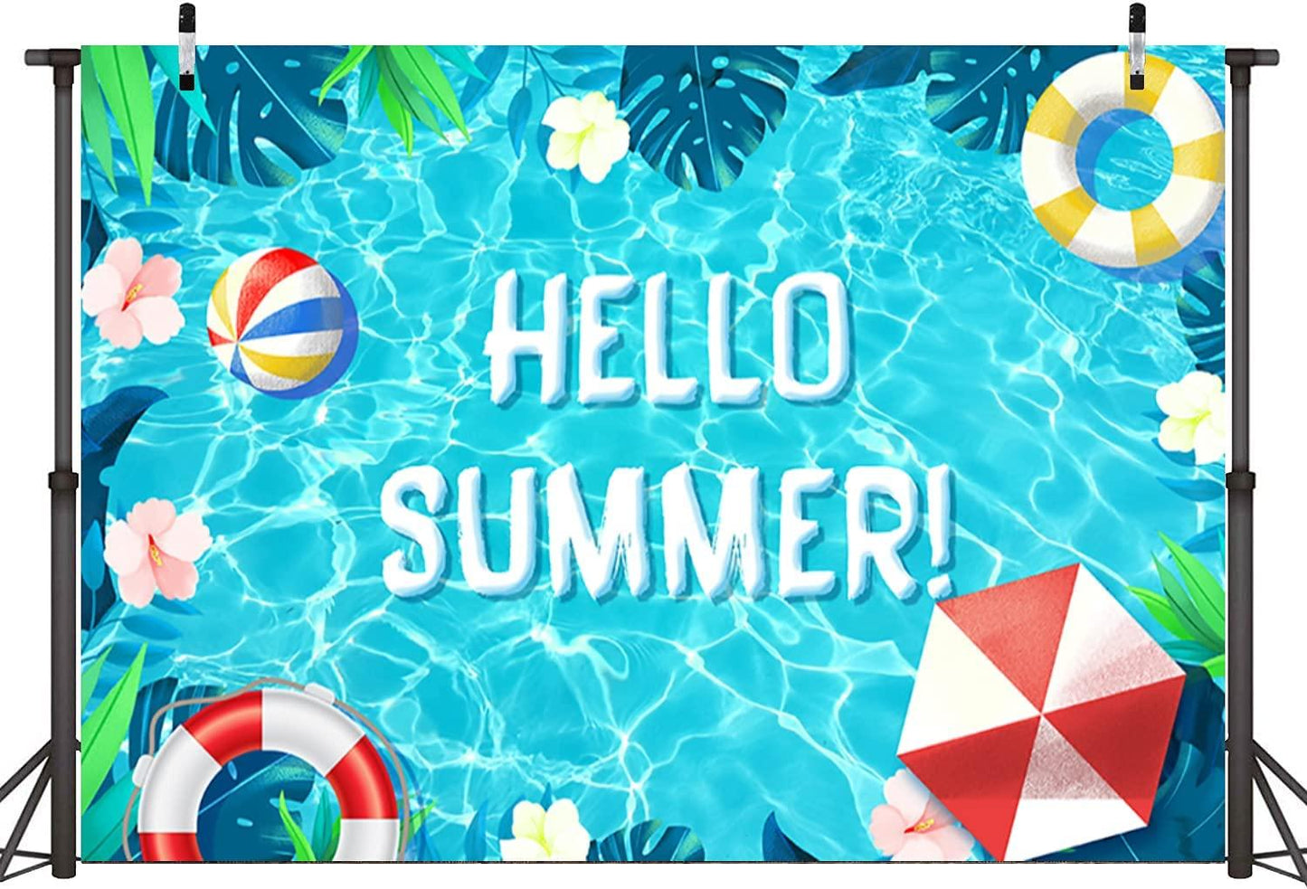 Hello Summer Pool Party Backdrop Tropical Swimming Ring Balls Hawaiian Birthday Photography Background - Decotree.co Online Shop