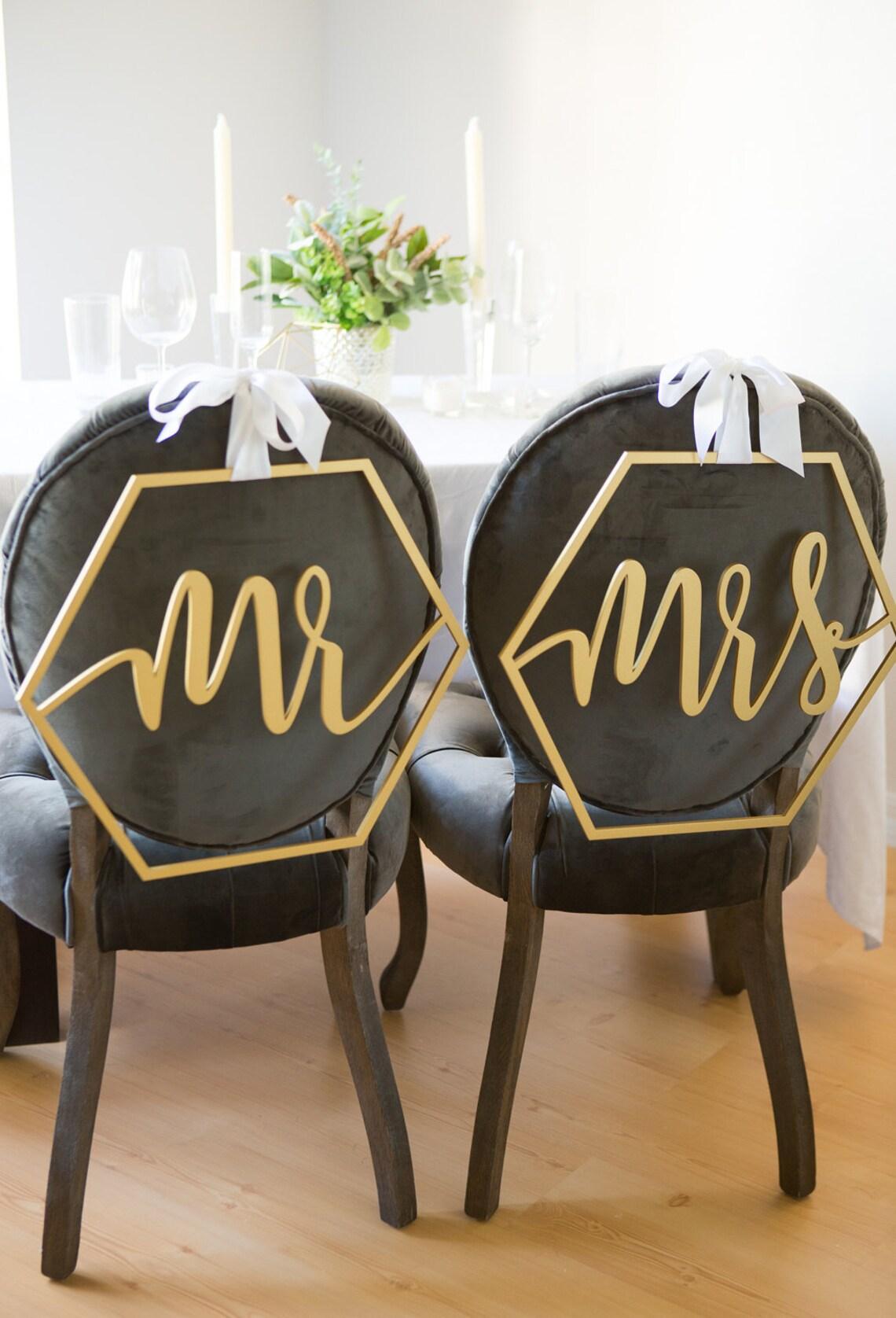 Hexagon Wedding Chair Signs Bride and Groom Wedding Chairs, Hexagon Mr & Mrs Wooden Hanging Signs Set - Decotree.co Online Shop