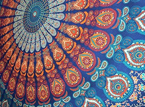 Indian hippie Bohemian Psychedelic Golden Blue Peacock Mandala Wall hanging Bedding Tapestry (Golden Blue, Queen (72x90Inches) - Decotree.co Online Shop