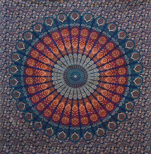 Indian hippie Bohemian Psychedelic Golden Blue Peacock Mandala Wall hanging Bedding Tapestry (Golden Blue, Queen (72x90Inches) - Decotree.co Online Shop
