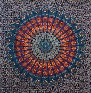 Indian hippie Bohemian Psychedelic Golden Blue Peacock Mandala Wall hanging Bedding Tapestry (Golden Blue, Queen (72x90Inches) - Decotree.co Online Shop