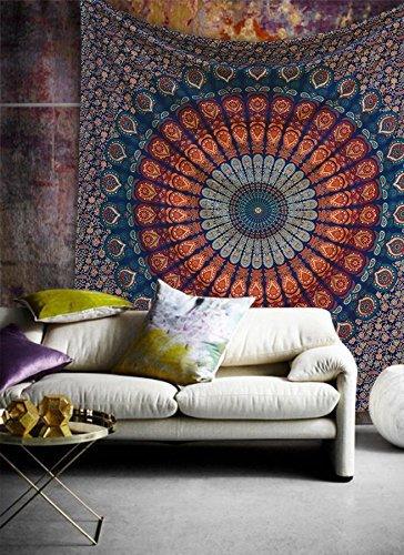Indian hippie Bohemian Psychedelic Golden Blue Peacock Mandala Wall hanging Bedding Tapestry (Golden Blue, Queen (72x90Inches) - Decotree.co Online Shop