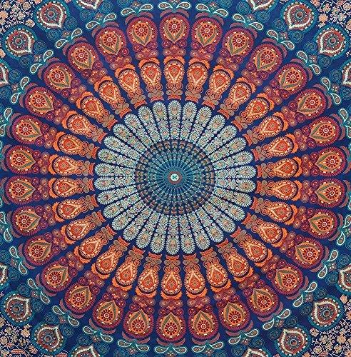 Indian hippie Bohemian Psychedelic Golden Blue Peacock Mandala Wall hanging Bedding Tapestry (Golden Blue, Queen (72x90Inches) - Decotree.co Online Shop
