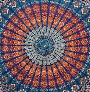 Indian hippie Bohemian Psychedelic Golden Blue Peacock Mandala Wall hanging Bedding Tapestry (Golden Blue, Queen (72x90Inches) - Decotree.co Online Shop