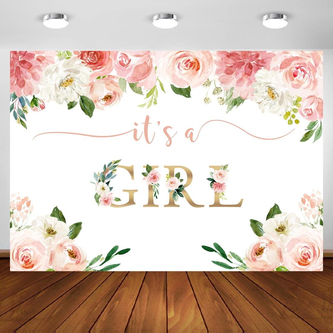 It's a Girl Baby Shower Backdrop Watercolor Pink Floral Photography Background 7x5ft - Decotree.co Online Shop
