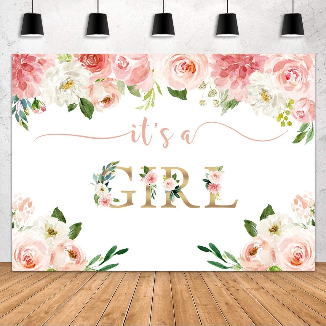 It's a Girl Baby Shower Backdrop Watercolor Pink Floral Photography Background 7x5ft - Decotree.co Online Shop