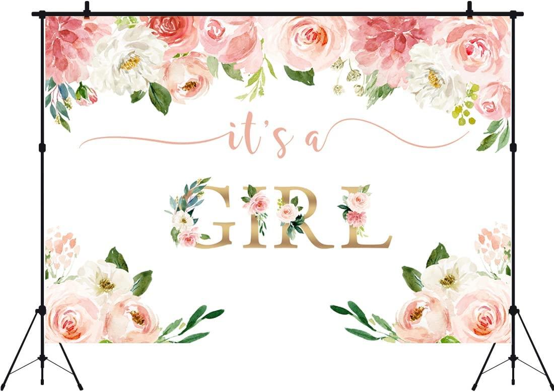 It's a Girl Baby Shower Backdrop Watercolor Pink Floral Photography Background 7x5ft - Decotree.co Online Shop