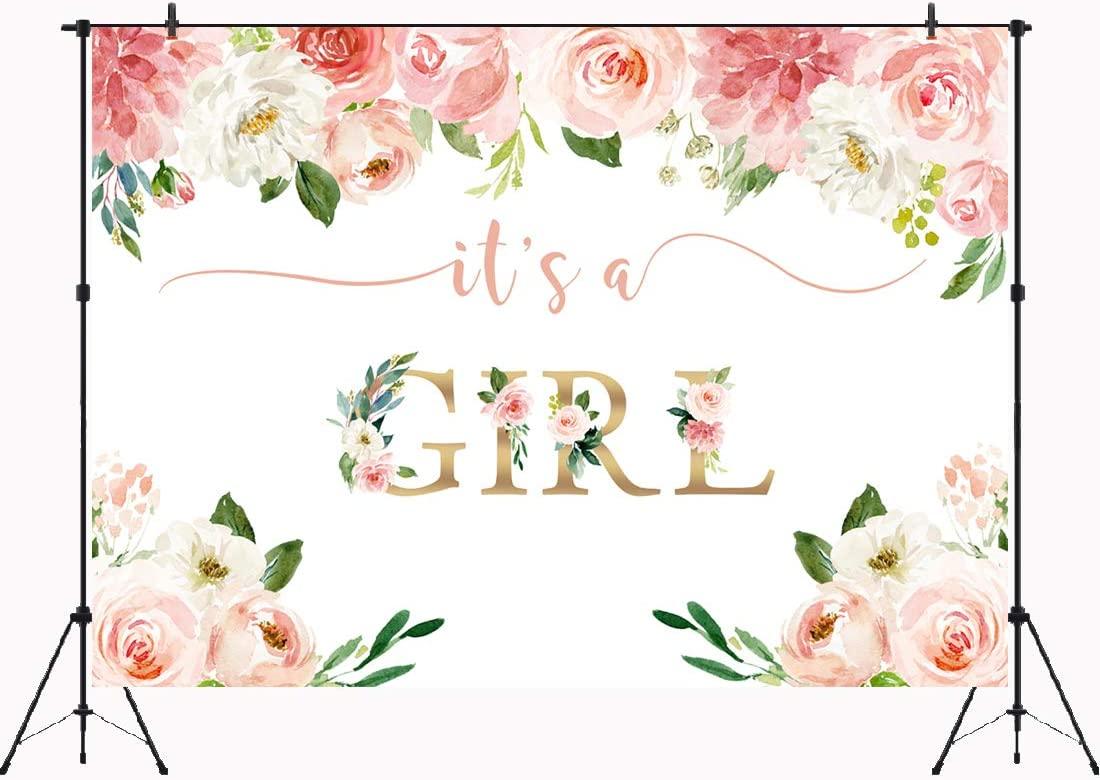 It's a Girl Baby Shower Backdrop Watercolor Pink Floral Photography Background 7x5ft - Decotree.co Online Shop