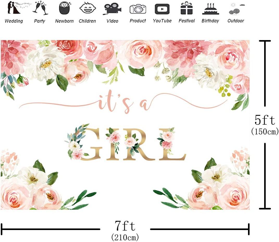 It's a Girl Baby Shower Backdrop Watercolor Pink Floral Photography Background 7x5ft - Decotree.co Online Shop