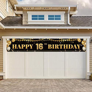 Large Happy 16th Birthday Decoration Banner, Black and Gold Happy 16th Birthday Banner Sign, 16th Birthday Party Decorations Supplies(9.8x1.6ft) - Decotree.co Online Shop
