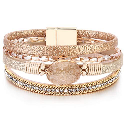 Leather Wrap Bracelet Boho Cuff Bracelets Crystal Bead Bracelet with Magnetic Clasp - Decotree.co Online Shop