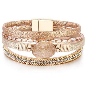 Leather Wrap Bracelet Boho Cuff Bracelets Crystal Bead Bracelet with Magnetic Clasp - Decotree.co Online Shop