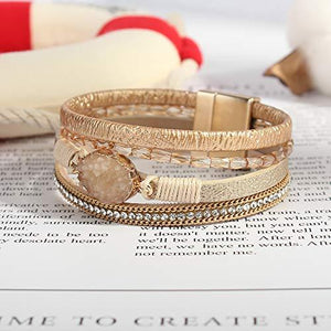 Leather Wrap Bracelet Boho Cuff Bracelets Crystal Bead Bracelet with Magnetic Clasp - Decotree.co Online Shop