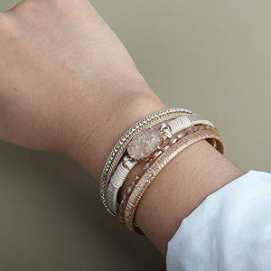 Leather Wrap Bracelet Boho Cuff Bracelets Crystal Bead Bracelet with Magnetic Clasp - Decotree.co Online Shop