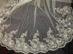 Long Wedding Veil Lace Sequins Edge Cathedral Wedding Bridal Veil with Metal Comb, Ivory - Decotree.co Online Shop