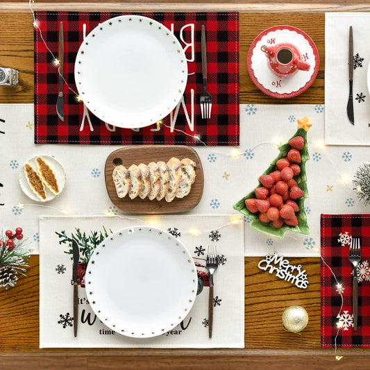Merry and Bright Buffalo Plaid Christmas Placemats for Dining Table, 12 x 18 Inch Seasonal Watercolor Rustic Vintage Washable Table Mats Set of 4 - Decotree.co Online Shop