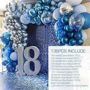 Metallic Blue Balloon Kit 147PCS 18In 12In 5In Metallic Sliver Macaron Blue Pearl Blue Transparent Balloon Arch Garland - Decotree.co Online Shop