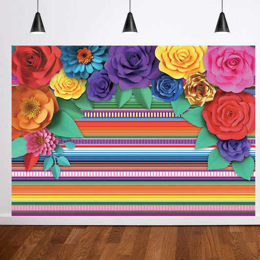Mexican Fiesta Theme Party Colorful Striped Backdrop Fiesta Cinco De Mayo Paper Flowers Background - Decotree.co Online Shop