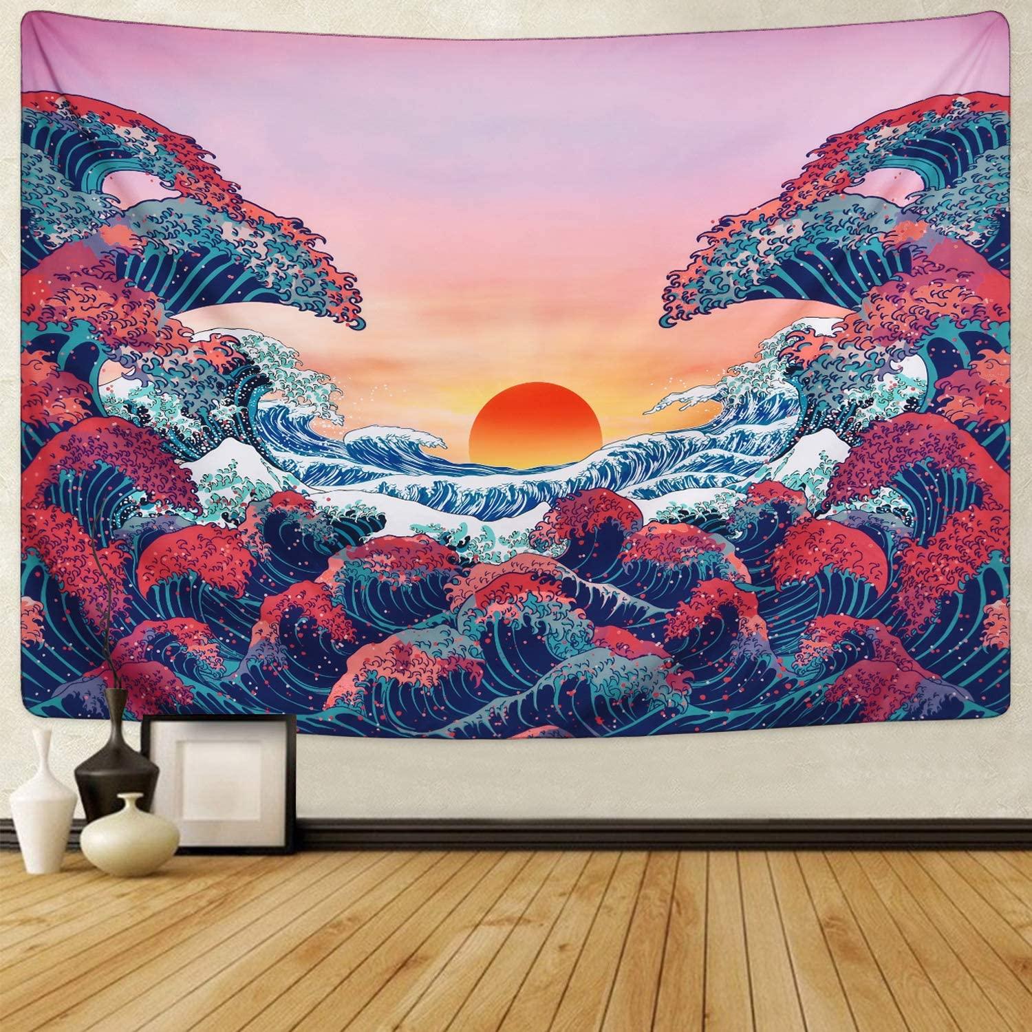 Ocean Wave Tapestry Sunset Tapestry 3D Great Wave Tapestry Japanese Tapestry for Room - Decotree.co Online Shop