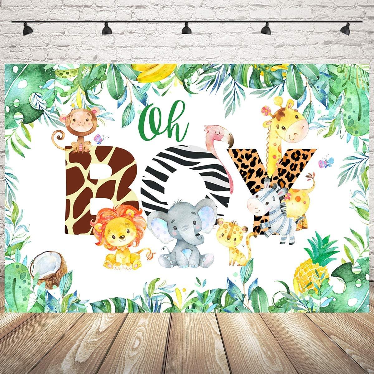 Oh Boy Backdrop Jungle Safari Boy Baby Shower Photo Booth Backdrops Jungle Animals Lion Elephant Party Decorations - Decotree.co Online Shop