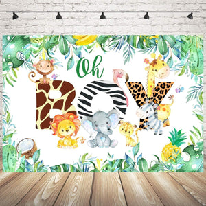 Oh Boy Backdrop Jungle Safari Boy Baby Shower Photo Booth Backdrops Jungle Animals Lion Elephant Party Decorations - Decotree.co Online Shop