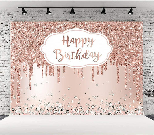 Pink Rose Golden Birthday Party Backdrop Glitter Diamonds Happy Birthday Background - Decotree.co Online Shop
