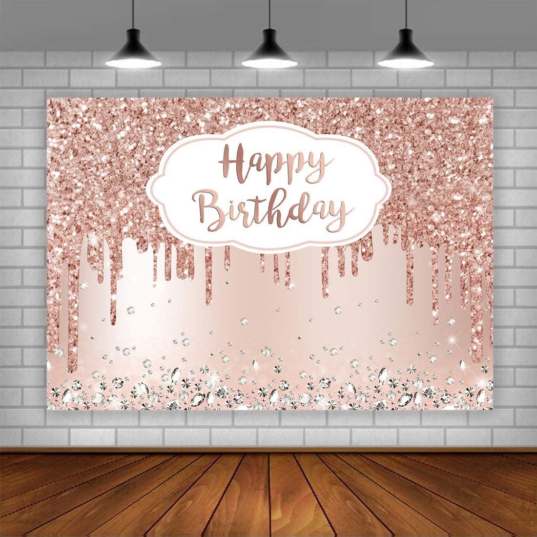 Pink Rose Golden Birthday Party Backdrop Glitter Diamonds Happy Birthday Background - Decotree.co Online Shop