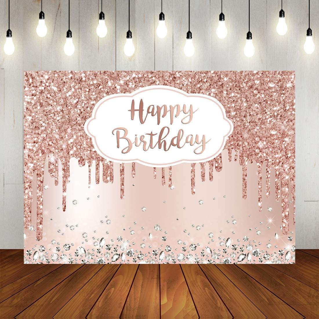 Pink Rose Golden Birthday Party Backdrop Glitter Diamonds Happy Birthday Background - Decotree.co Online Shop