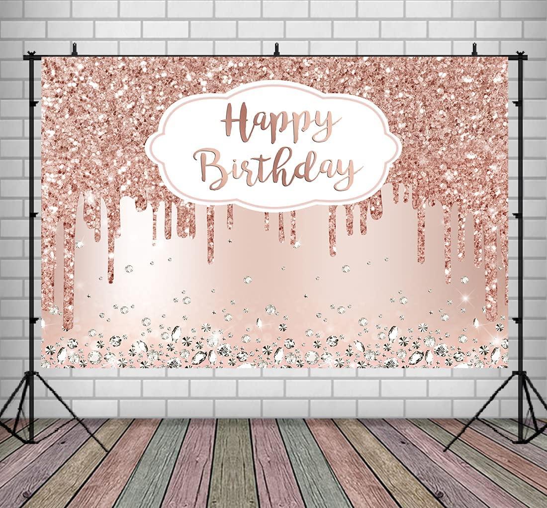 Pink Rose Golden Birthday Party Backdrop Glitter Diamonds Happy Birthday Background - Decotree.co Online Shop