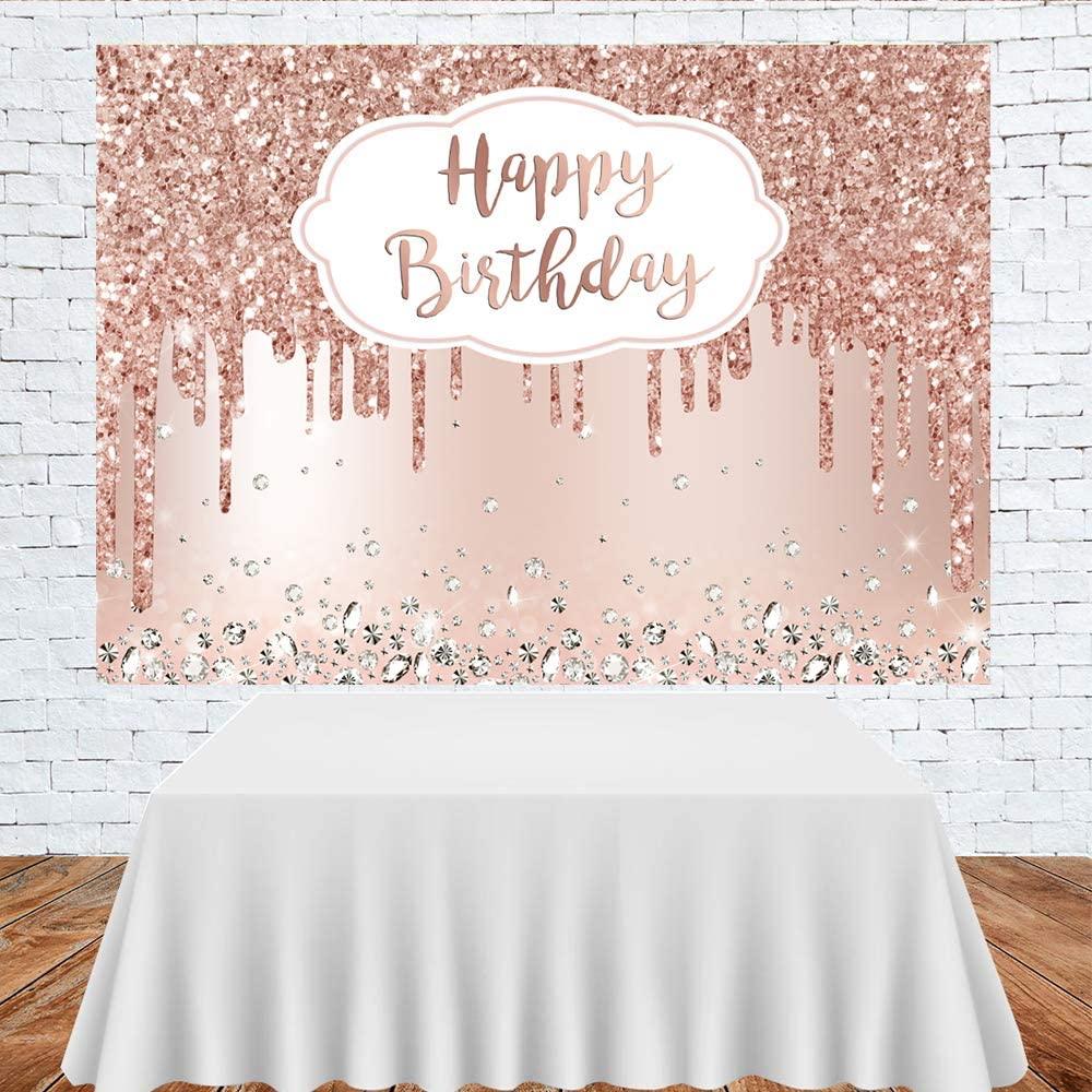 Pink Rose Golden Birthday Party Backdrop Glitter Diamonds Happy Birthday Background - Decotree.co Online Shop