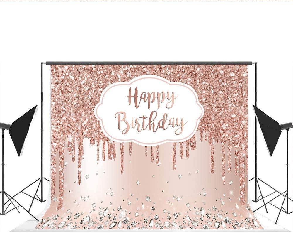Pink Rose Golden Birthday Party Backdrop Glitter Diamonds Happy Birthday Background - Decotree.co Online Shop