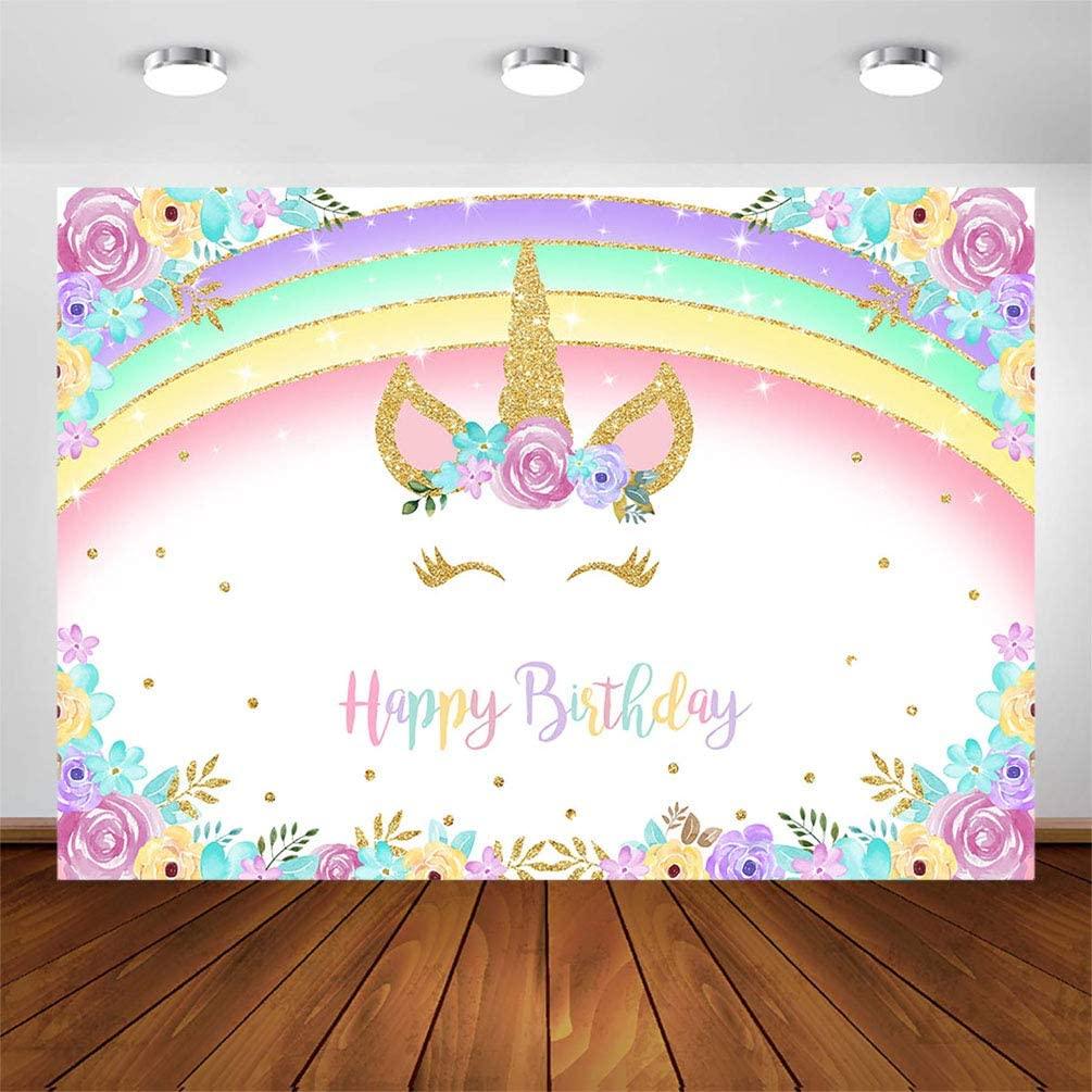 Rainbow Unicorn Backdrop Gold Unicorn Birthday Backdrop Glitter Rainbow Floral Party Photography Background - Decotree.co Online Shop