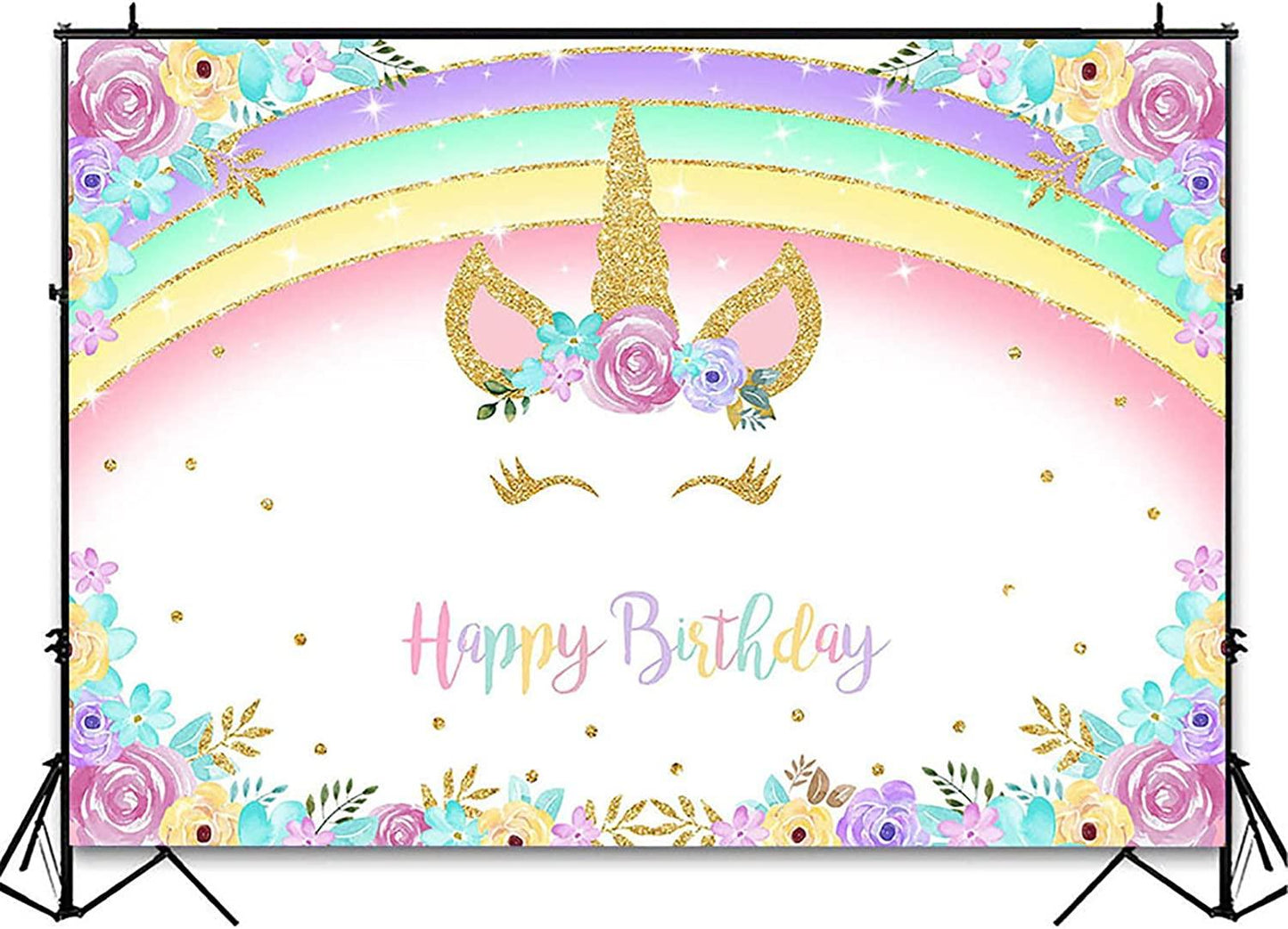 Rainbow Unicorn Backdrop Gold Unicorn Birthday Backdrop Glitter Rainbow Floral Party Photography Background - Decotree.co Online Shop