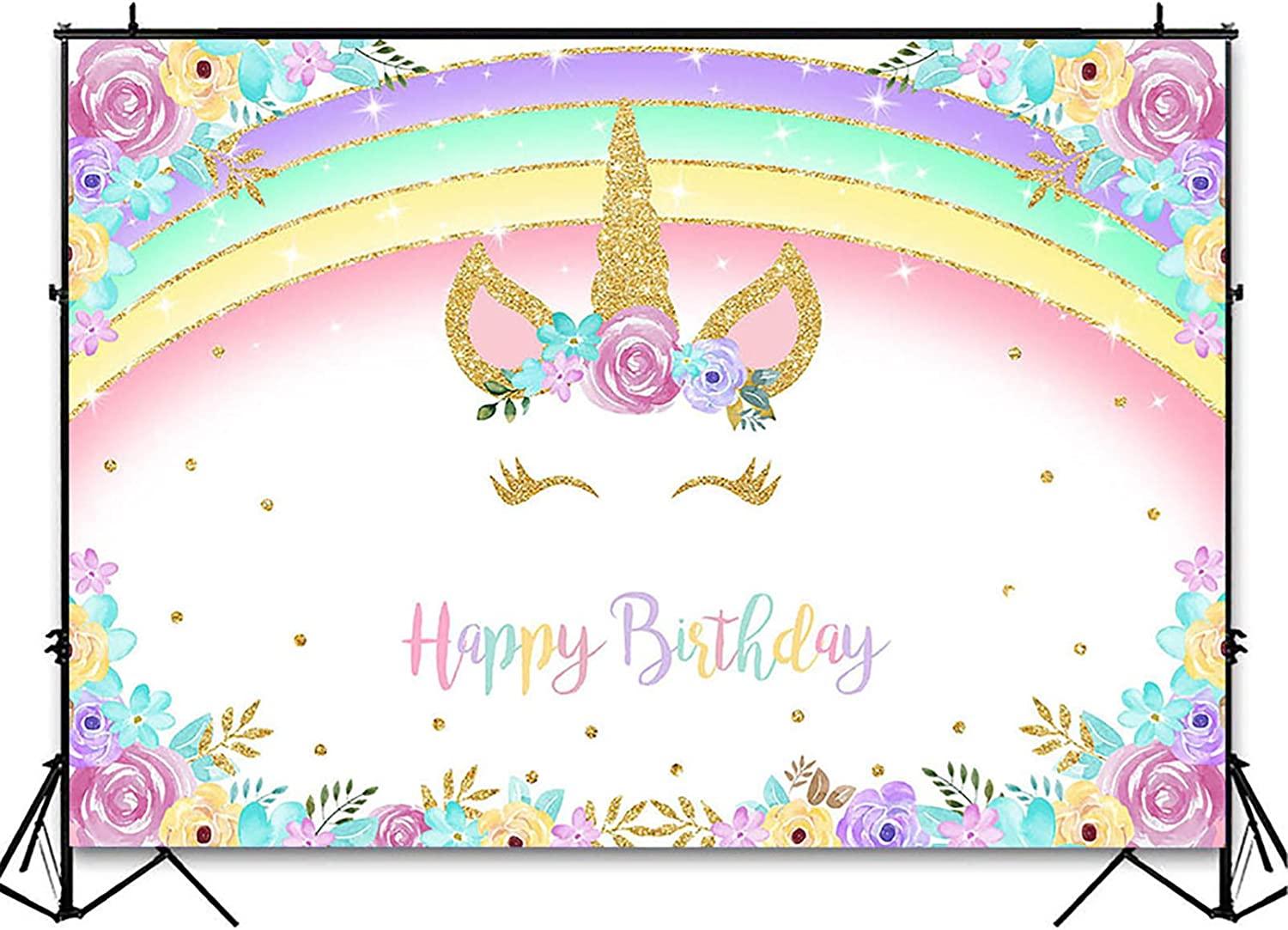 Rainbow Unicorn Backdrop Gold Unicorn Birthday Backdrop Glitter Rainbow Floral Party Photography Background - Decotree.co Online Shop