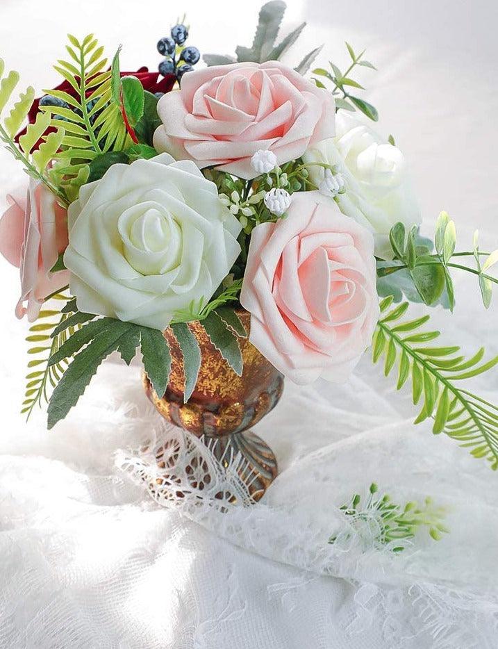 Real Looking Artificial Flowers Blush Foam Fake Roses with Stems for DIY Wedding Bouquets Pink Bridal Shower Centerpieces - Decotree.co Online Shop