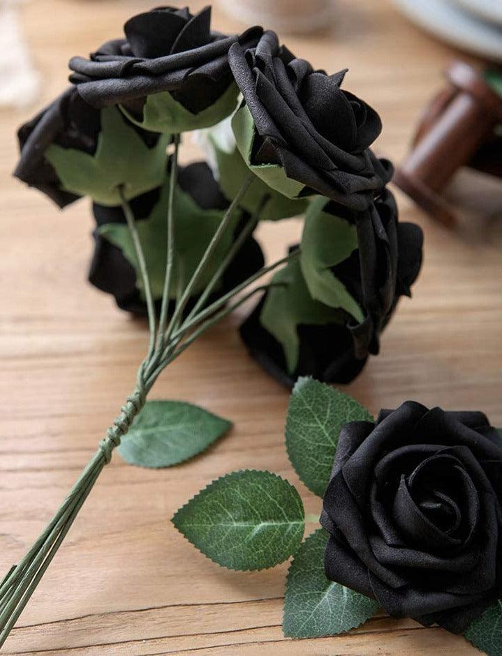 Real Looking Black Foam Fake Roses with Stems for DIY Wedding Bouquets Centerpieces Arrangements Party Decor - Decotree.co Online Shop