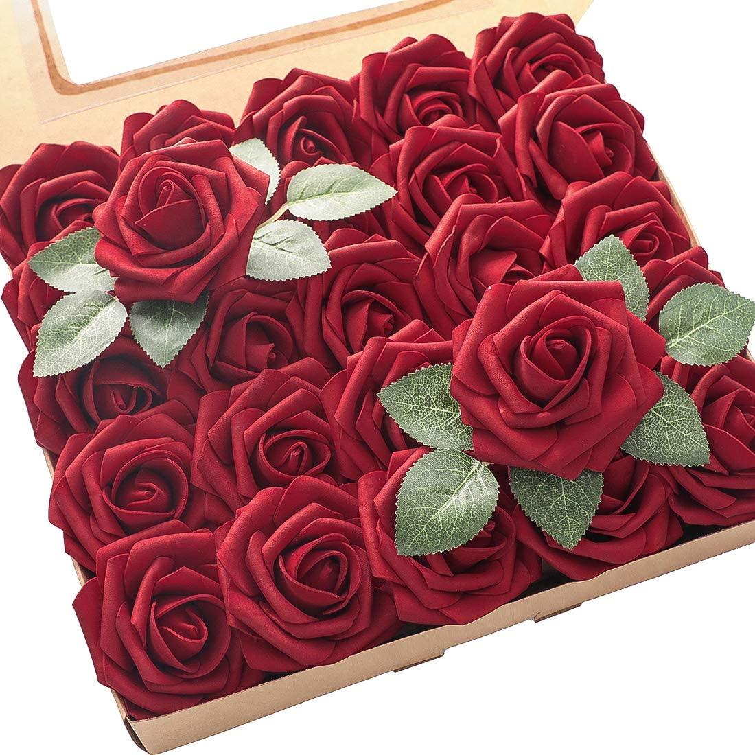 Real Looking Dark Red Foam Fake Roses with Stems for DIY Wedding Bouquets Bridal Shower Centerpieces Floral Party Tables Decorations - Decotree.co Online Shop