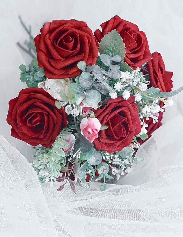 Real Looking Dark Red Foam Fake Roses with Stems for DIY Wedding Bouquets Bridal Shower Centerpieces Floral Party Tables Decorations - Decotree.co Online Shop