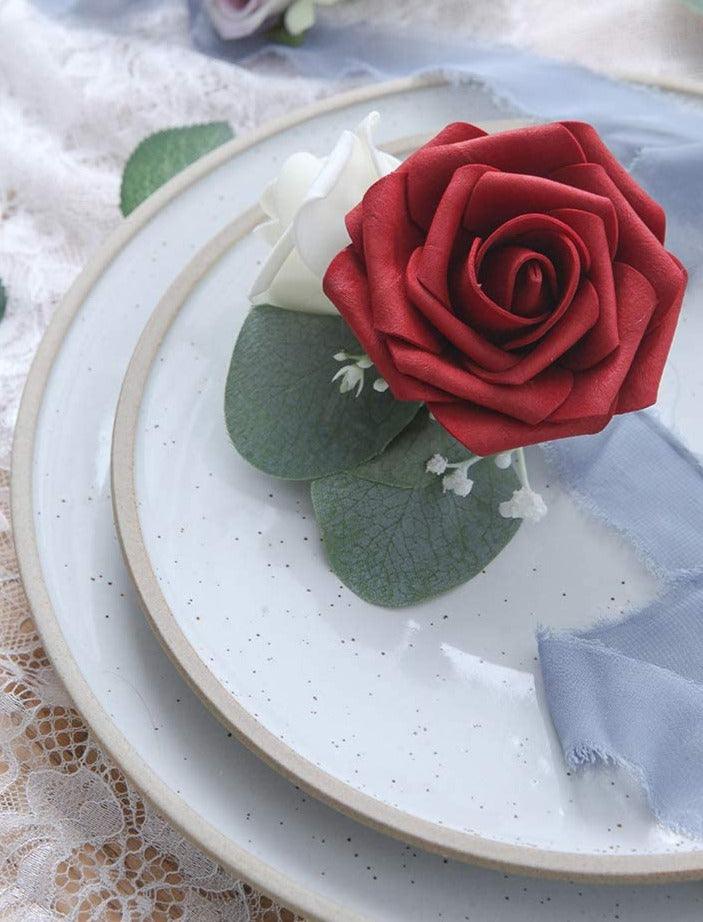 Real Looking Dark Red Foam Fake Roses with Stems for DIY Wedding Bouquets Bridal Shower Centerpieces Floral Party Tables Decorations - Decotree.co Online Shop