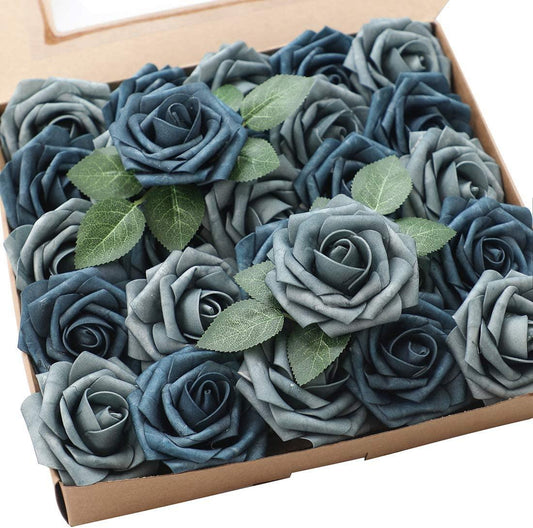 Real Looking Dusty Blue Foam Fake Roses with Stems for DIY Wedding Bouquets Bridal Shower Centerpieces Artificial Flowers - Decotree.co Online Shop