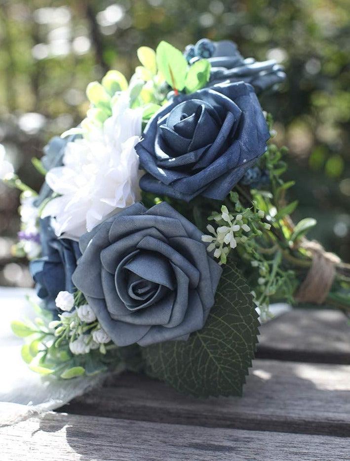 Real Looking Dusty Blue Foam Fake Roses with Stems for DIY Wedding Bouquets Bridal Shower Centerpieces Artificial Flowers - Decotree.co Online Shop