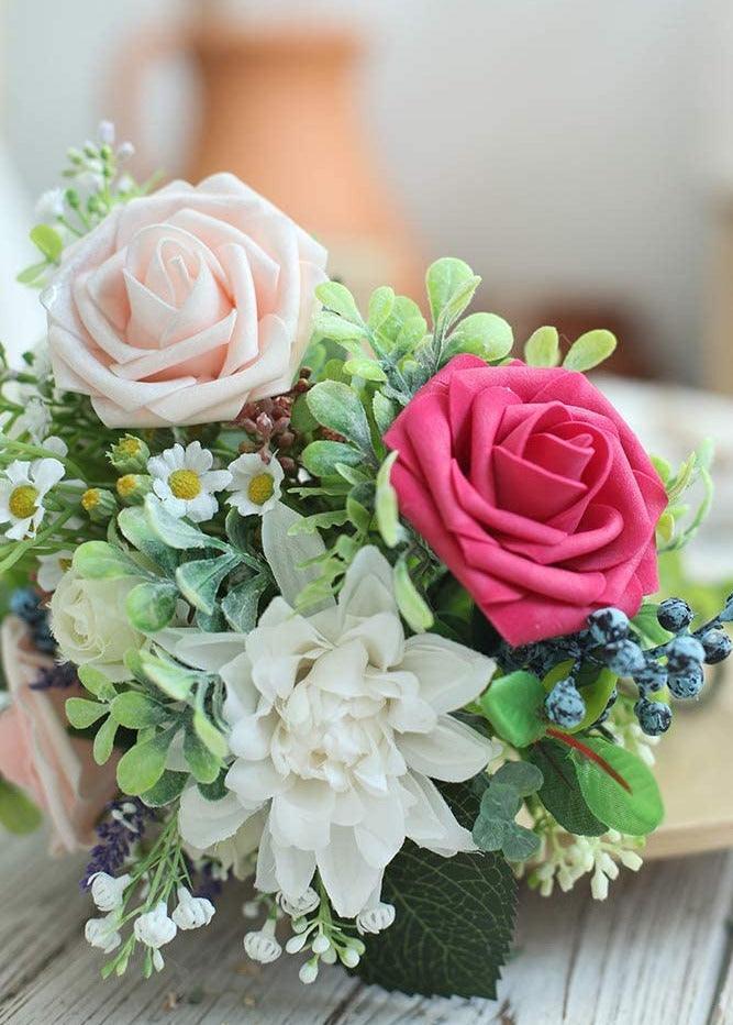 Real Looking Fuchsia Foam Fake Roses with Stems for DIY Wedding Bouquets Bridal Shower Centerpieces - Decotree.co Online Shop